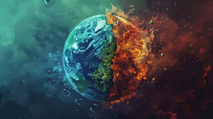 Illustration of a planet divided, with one half vibrant and the other consumed by environmental damage,