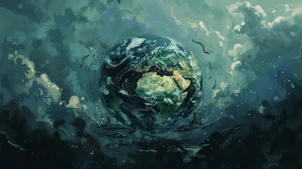 Illustration of Earth's natural beauty overshadowed by the dark, looming threat of climate change,