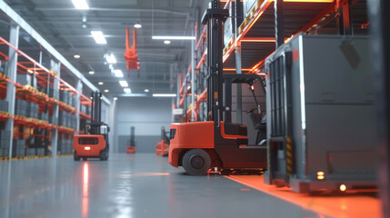 Infographic showcasing the efficiency gains in warehouses using AI-powered forklifts and robotics,