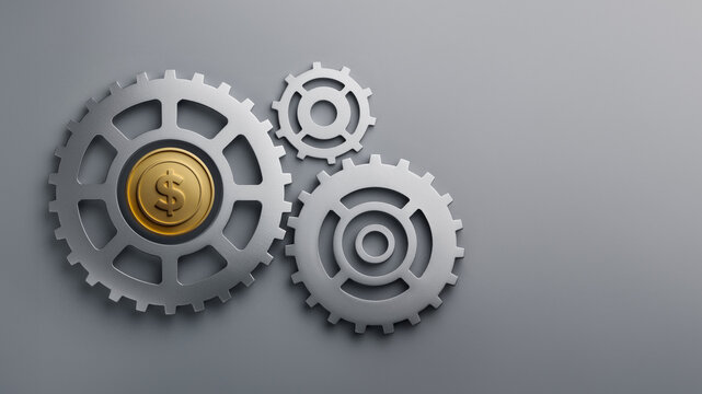 Metal gears and a golden coin with a dollar sign, isolated on a gray background with copy space – finance, economy, investment, wealth management, business operations concept