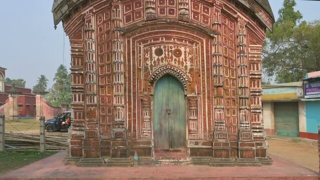 Famous Antpur Radhagovindjiu temple with crafted wood and exquisite terracotta carvings depicting stories from all 18 puranas. Here Swami Vivekananda took monastic vows in 1886, West Bengal, India