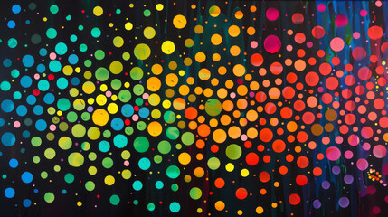 Minimalist abstract pattern of vibrant paint dots on a matte black canvas,