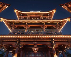 Historic pagoda, festival lights, early night, wide shot, from below, cultural richness