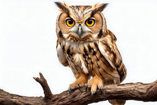 Wise owl perched on a branch, piercing gaze captured in high resolution, isolated on white solid background