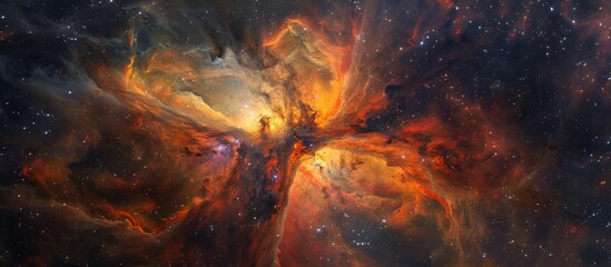 Glimpse the radiant display of a sprawling cluster of stars within a constellation adorned by a vivid orange and red nebula - obrazy, fototapety, plakaty