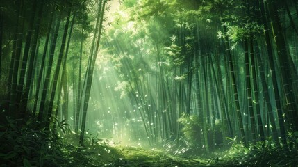A serene bamboo forest, with sunlight filtering through the dense canopy to illuminate the forest floor.