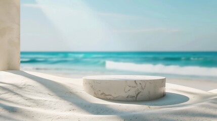 Obraz premium Generative AI : Summer sand and tropical sea background with abstract stone podium