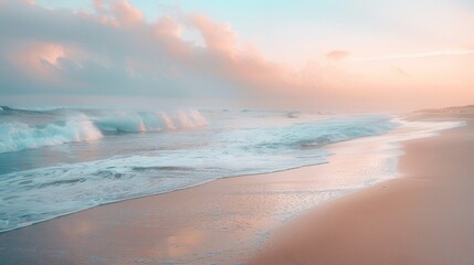A serene beach at dawn, with pastel hues painting the sky and gentle waves lapping the shore. - obrazy, fototapety, plakaty