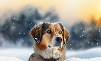 Cute Beautiful Dog in the Snow | Domestic Dog in a Snowy Florest During Sunset | Bestfriend Friendly Adorable Animal Puppy | Pet Loss Concept | Nature Pet Outdoors Winter Season