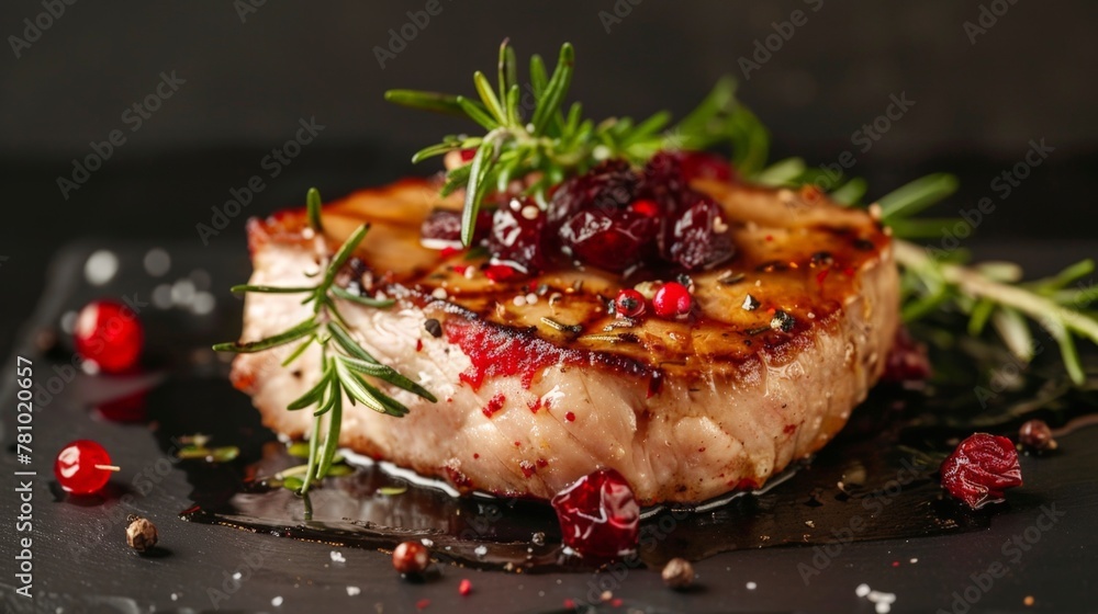 Poster Close-up of meat with cranberries and rosemary sprigs