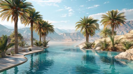 A tranquil desert oasis, with palm trees swaying in the gentle breeze beside a calm, turquoise pool. - obrazy, fototapety, plakaty