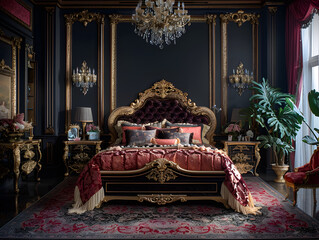 gold bedroom features a large bed with intricate gold carvings, surrounded by gold framed paintings on the walls. 