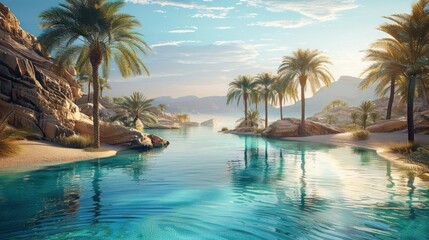 Fototapeta na wymiar A tranquil desert oasis, with palm trees swaying in the gentle breeze beside a calm, turquoise pool.