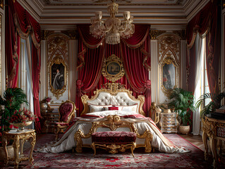 Fototapeta na wymiar gold bedroom features a large bed with intricate gold carvings, surrounded by gold framed paintings on the walls. 