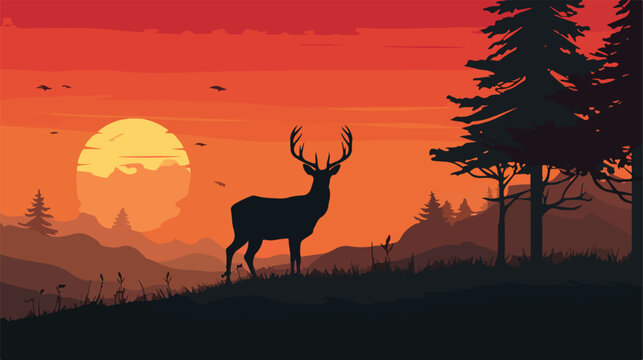 Deer illustration vector image with sunset backgrou