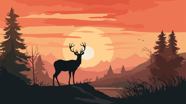 Deer illustration vector image with sunset backgrou