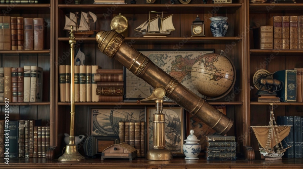 Poster on top of the bookshelves an array of vintage accessories are arranged in an artful manner. a brass 