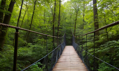 "Enigmatic Charm: Wooden Suspension Bridge Amidst Lush Forest"
