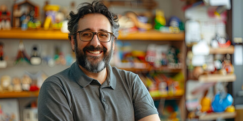 portrait of a smiling male business owner standing in his toy store, generative AI - obrazy, fototapety, plakaty