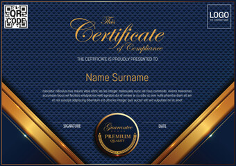 Premium Certificate of Compliance, Luxury Blue and Gold Frame for Modern Celebrations Event Banners.