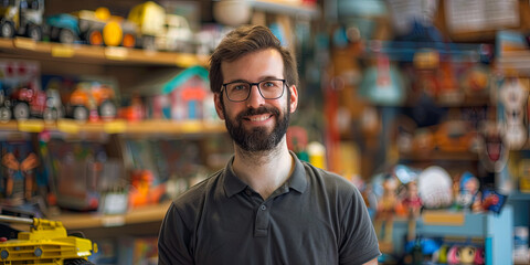 portrait of a smiling male business owner standing in his toy store, generative AI