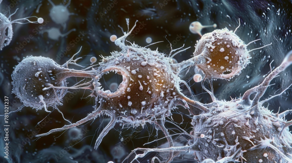 Poster a of white cells each with a distinct nucleus and surrounded by multiple smaller cells highlighting 