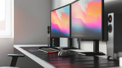 Modern dual-monitor computer setup on desk with speakers and backlit keyboard