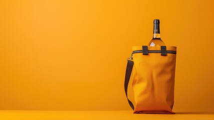 Wine bottle in yellow insulated carrier bag against vibrant background