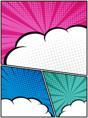 colorful comic book, pop art cartoon layout template halftone dotted background - 781021263