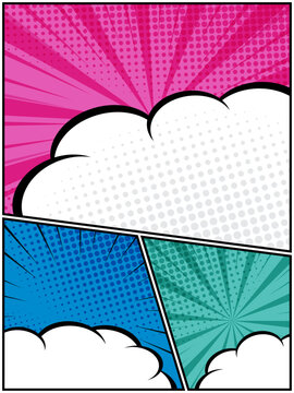 colorful comic book, pop art cartoon layout template halftone dotted background