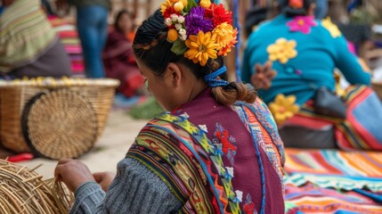 A woman hair adorned with colorful flowers sits alone on a blanket deep in concentration as weaves a beautiful basket with . .