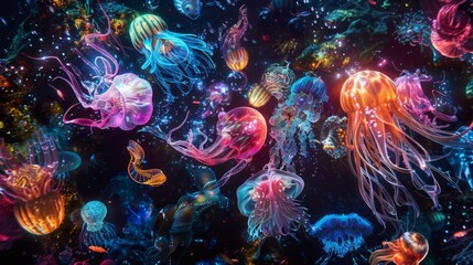 Fantastical creatures of the deep shine in a kaleidoscope of colors against a backdrop of midnight black.
