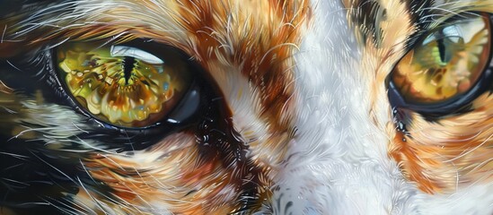 A detailed view of a cat's eyes with a distinct white and orange stripe pattern, showcasing the mesmerizing and captivating features of the animal - obrazy, fototapety, plakaty