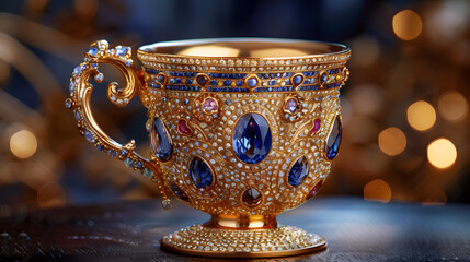 A golden tea cup is adorned with colorful jewels and sits on a reflective surface. The background is filled with twinkling lights.