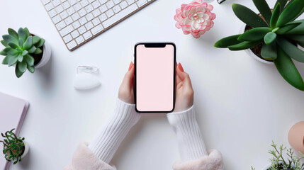 woman's hands holding smartphone with blank screen on white desk