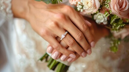 Obraz na płótnie Canvas A close-up of a bride's hands showcasing her wedding ring and manicure. 