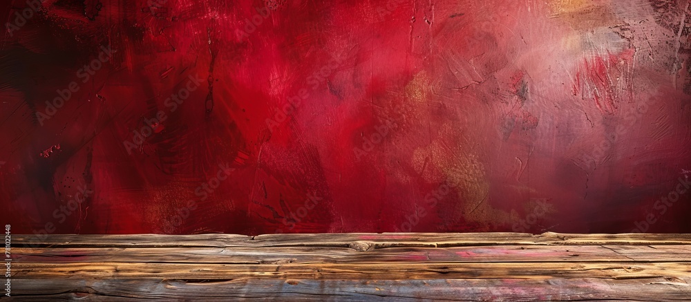 Aufkleber a simple painting featuring a vibrant red wall with a rustic wooden table placed in front of it, cre