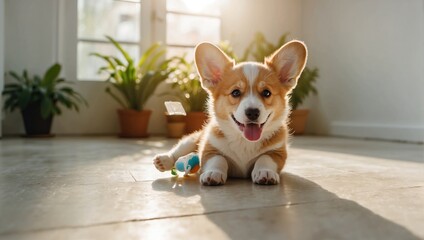 Happy cute domestic corgi dog playing resting in a beautiful living room at home.