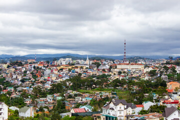 Fototapeta na wymiar Overview Of Da Lat City, Vietnam. Located In The South Central Highland Of Vietnam, Da Lat Is Famous For its Romantic And Flowerful Beauty.