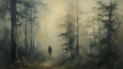 Solitary Wanderer in Haunting Woods./n