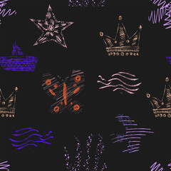 Abstract textured shapes seamless pattern. Wallpaper contemporary hand drawn scribble shape. Crown, ship, butterfly, fish, star, bird, flower. Vector illustration isolated on black background