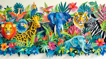 A vibrant mural made from artfully cut paper animals, each sticker glued onto a canvas, creating a lively and colorful animal kingdom