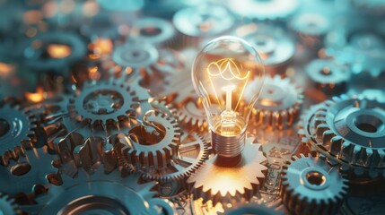 A lightbulb surrounded by gears and cogs, symbolizing innovation in machinery. 