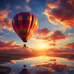 Fototapeta premium Hot air balloon in the sky at sunset, beautiful landscape