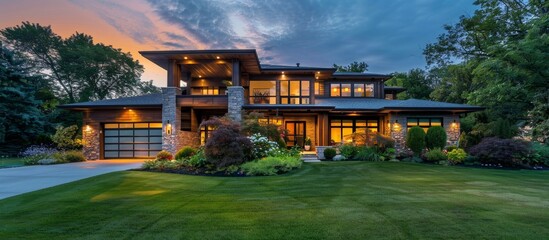 A grand house boasting multiple windows and a well-kept grassy area surround - obrazy, fototapety, plakaty