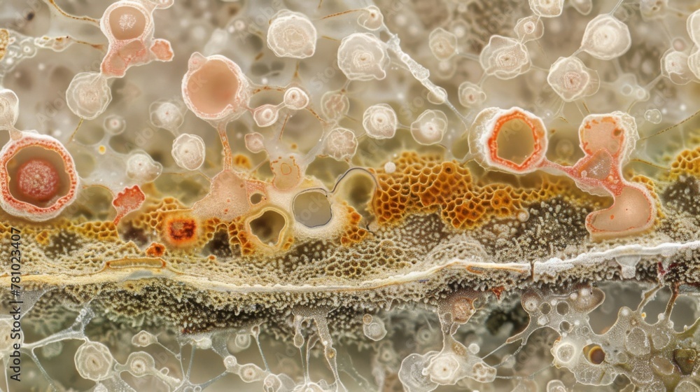 Poster a microscopic view of a crosssection of a mycelial mat revealing the distinct layers of hyphae spore