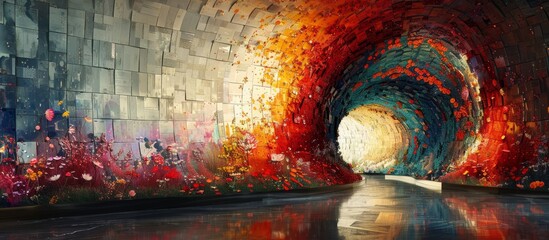A captivating painting depicting a tunnel with a radiant light shining at the distant end, creating an enchanting visual perspective - obrazy, fototapety, plakaty