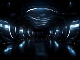 Futuristic Dark Interior Underground Tunnel with Captivating Lights and Sleek Architectural Design