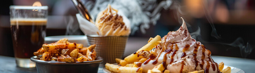 An ice cream sundae with coffee flavor, served next to a plate of spicy fries, the contrasting fumes creating an unexpected harmony - obrazy, fototapety, plakaty