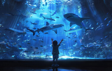 A child looks at the shark in an aquarium, swimming with other fish. The little boy is silhouetted against blue water and can be seen waving his arms to try to touch it from behind - obrazy, fototapety, plakaty